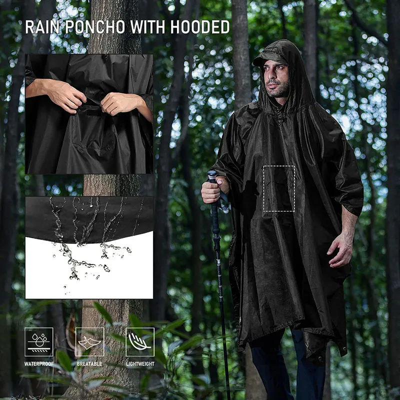 3 In 1 Outdoor Military Raincoat Hooded Sleeve Waterproof Rain Poncho Motorcycle Rain Cover Camping Hiking Travel Rainwear Tent - Image 7