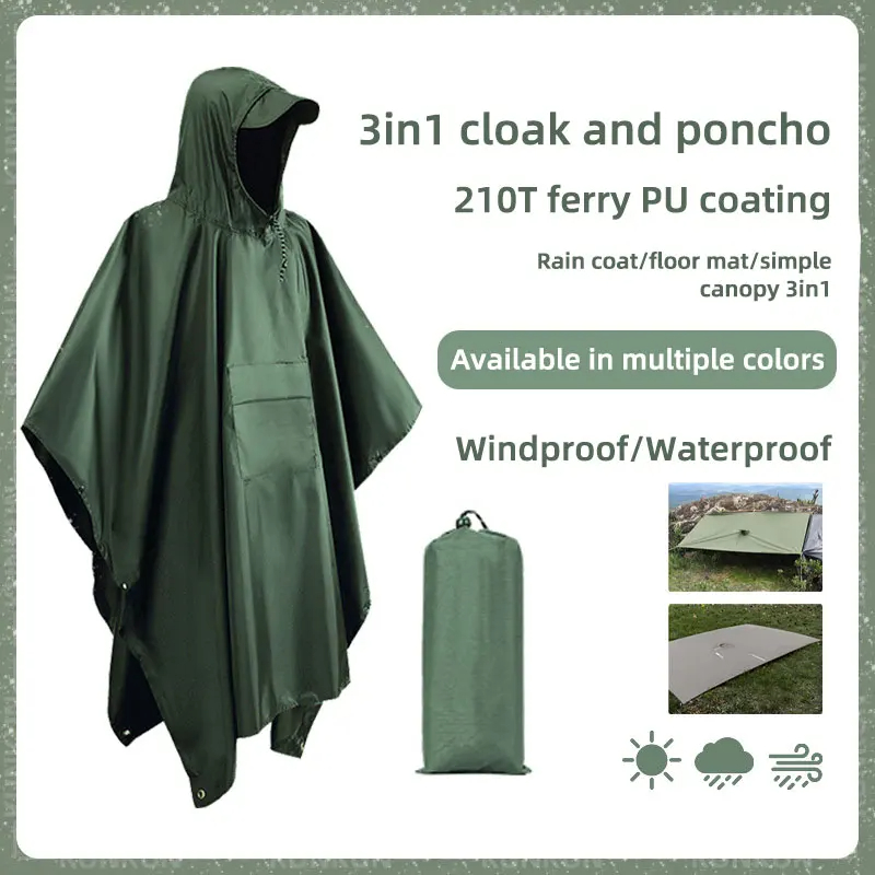 3 In 1 Outdoor Military Raincoat Hooded Sleeve Waterproof Rain Poncho Motorcycle Rain Cover Camping Hiking Travel Rainwear Tent - Image 9