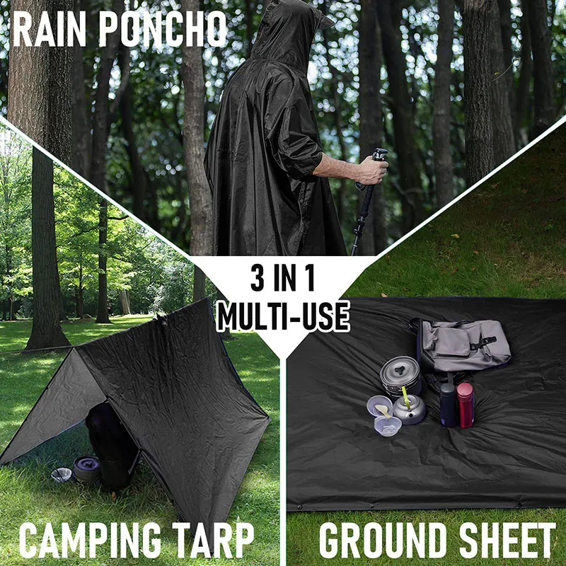 3 In 1 Outdoor Military Raincoat Hooded Sleeve Waterproof Rain Poncho Motorcycle Rain Cover Camping Hiking Travel Rainwear Tent - Image 8